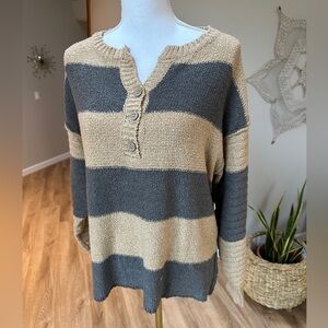 Wishlist oversized textured lyric striped three button polo sweater